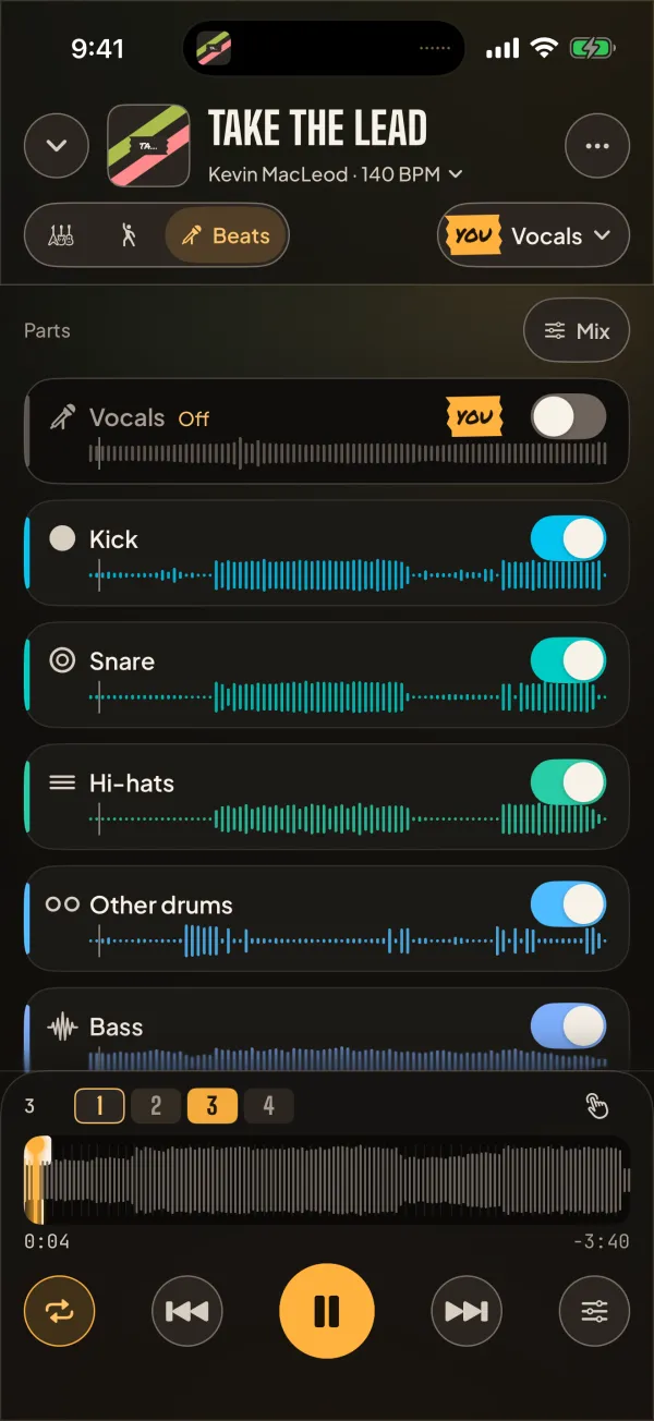 Beats mode: the vocals off and marked YOU, and the drums split into kick, snare, hi-hats and other drums