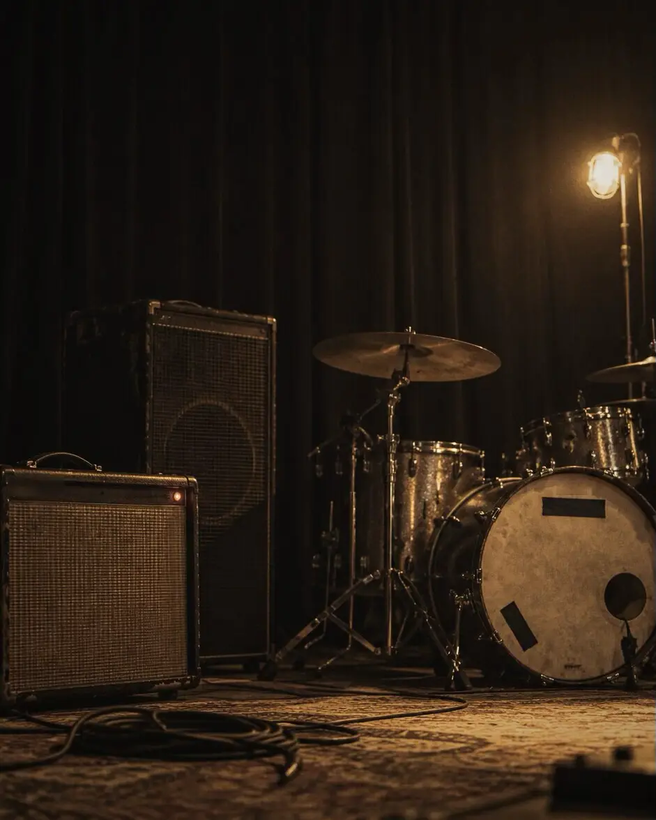 A drum kit and amplifiers on a dark stage, one warm light on the cymbals